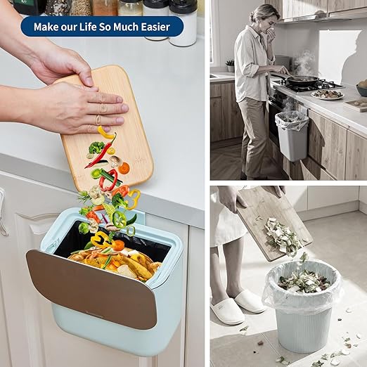 1.8 Gallon Kitchen Compost Bin for Counter Top or Under Sink, Hanging Small Trash Can with Lid for Cupboard/Bathroom/Bedroom/Office/Camping, Mountable Indoor Compost Bucket - Green
