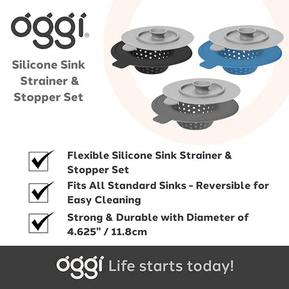 OGGI Silicone Sink Strainer & Stopper Set- Great Kitchen Sink Strainer, Silicone Drain Stopper, Sink Drain Strainer, Sink Plug 4.6˝ Diameter Rim, Gray (Pack of 2)