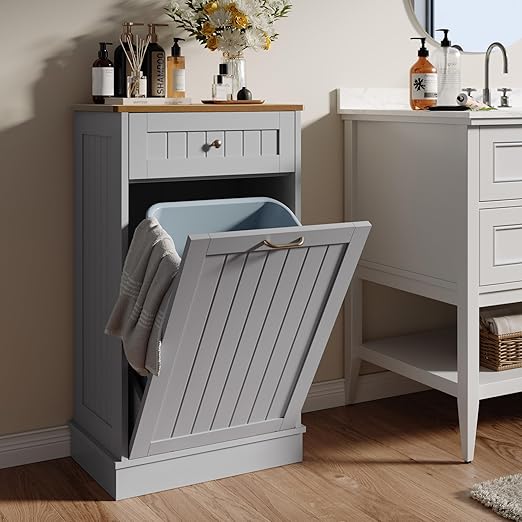 LOUVIXA Tilt Out Trash Can Cabinet, Hidden Trash Cabinet with Drawer, Wooden Dog Proof Trash Can Holder, Tilt Out Laundry Hamper, Garbage Can Holder (Gray)