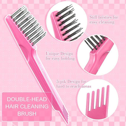 Boao 2 Pieces Hair Brush Cleaning Tool Comb Cleaner Brush Mini Comb Cleaning Hair Remover Tool for Removing Dust Home and Salon Use(Pink, Wood Color,Polished Wooden Handle Rake)