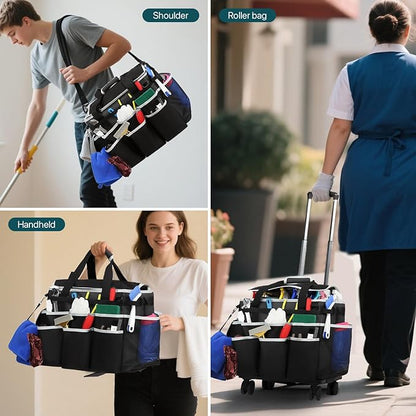 Large Rolling Cleaning Caddy Bag with Detachable Trolley, Full Support Plates for Professional Cleaning Supplies Bag, Organizer Bag with 4 Universal Wheels for Housekeepers, Car Wash