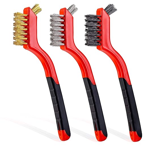 Wire Brush Set 3Pcs - Nylon/Brass/Stainless Steel Bristles with Curved Handle Grip for Rust, Dirt & Paint Scrubbing with Deep Cleaning – 7 Inches (Red)
