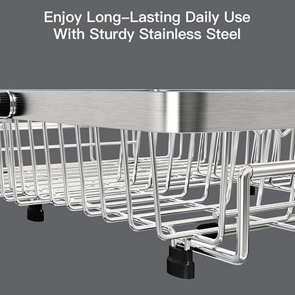 MAJALiS Dish Drying Rack Over The Sink, Expandable Stainless Steel Dish Drainer for Small Kitchen Counter Space Saving, RV Compact Plate Strainer In Silver Metal with Hanging Adjustable Utensil Holder