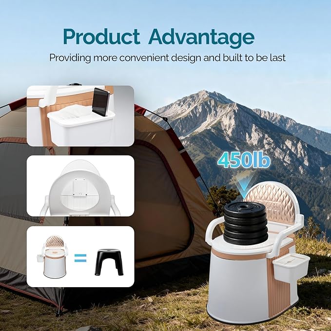 VINGLI Portable Toilet | Back & Handrail Design Commode with 5 Gallon Bucket Inner, Camping RV Toilet for Adult, Kids, Home, Boat, Van, Travel, Orange