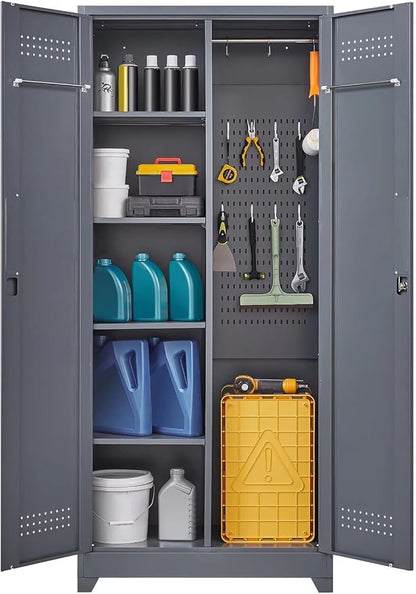 72" H Tall Metal Storage Cabinets, Freestanding Broom Closet Storage Cabinet with Locking Door for Cleaning Tool, Large Garage Cabinet Tool Organizer Storage Cabinet for Office, Grey