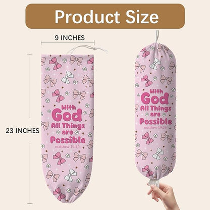 Pink Bow Plastic Bag Holder, Wall Mount Organizer for Reusable Canvas Grocery Bags, Decorative Home Kitchen Pantry Decor Hanging Bag Dispenser, Christian Shopping Bags Storage Dispenser
