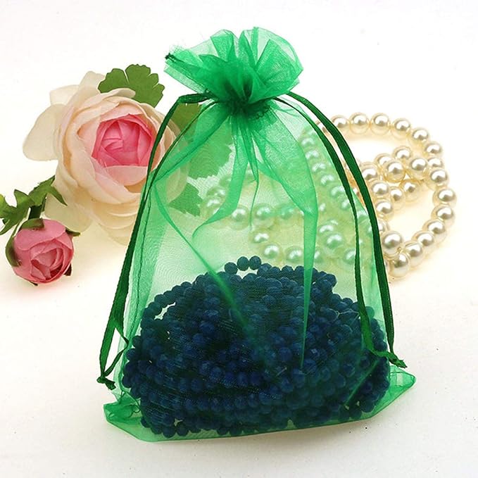 100 Pieces 5x7 inches Gift Wrap Bags Green, Organza Sheer Fabric,Drawstring Classy Present Bags for Baby Shower Favor,Candy,Christmas Favour,Sample Packing Decorative,Handmade Soap,Merchandise,Makeup