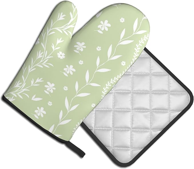 Sage Green Oven Mitt Pot Holder Set Floral BBQ Cooking Gloves Farmhouse Botanical Baking Grilling Kitchen Gifts for Spring Summer