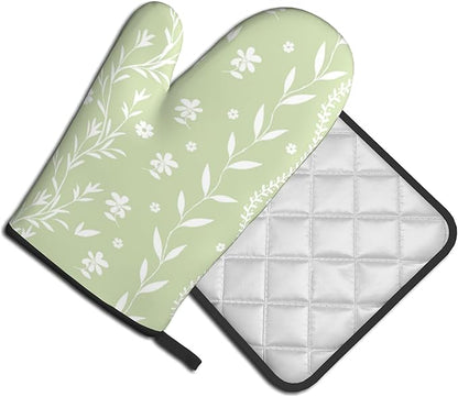 Sage Green Oven Mitt Pot Holder Set Floral BBQ Cooking Gloves Farmhouse Botanical Baking Grilling Kitchen Gifts for Spring Summer
