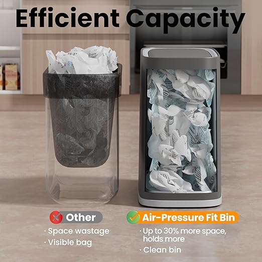 Small Bathroom Trash Can with Lid, 8L / 2.1 Gallon Narrow Garbage Bin with Wheels, Air-Press Bag Expander & Inner Bucket, Press Top Wastebasket for Bedroom, Office, Toilet, Odor Sealing Diaper Pail