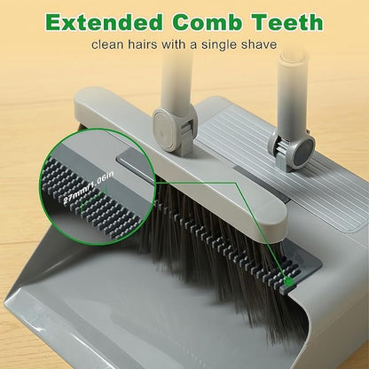 3in1 Broom and Dustpan Combo with Cleaning Teeth, Adjustable Long Handle, 180° Rotating Broom,Ideal for Pet Hair, Indoor Outdoor Heavy Duty Floor Sweeping (Gray)