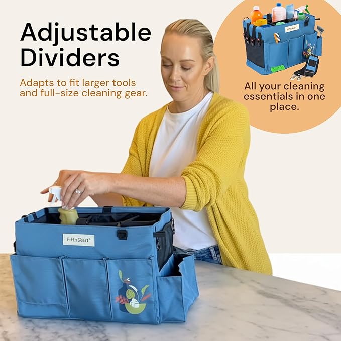 Multiuse Cleaning Caddy with Waist, Shoulder Strap 9 Pockets, Mesh Base & Adjustable Compartments - Cleaning Caddy - Cleaning Supplies Organizer (Blue, Small)