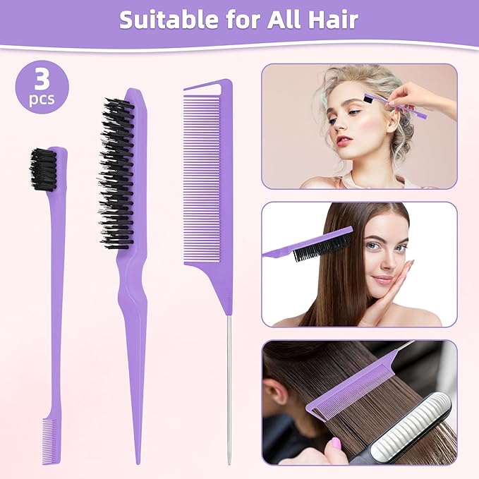 Hair Brush Set with Continuous Spray Bottle，Slick Back Hair Brush Back Brushing, Combing, Slicking Hair (Purple)