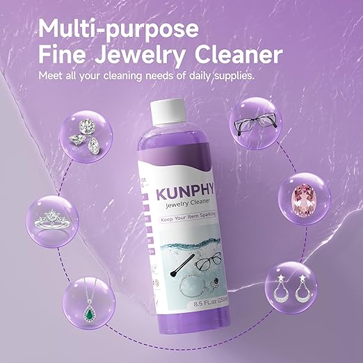 kunphy Upgraded Jewelry Cleaner, New Plant Formula for All Ultrasonic Cleaners, Enhanced Cleaning Effect, Multi-Purpose Glasses cleaner for Silver, Gold, Rings, Diamond and Eyeglass(8.5 oz, 250 ml)