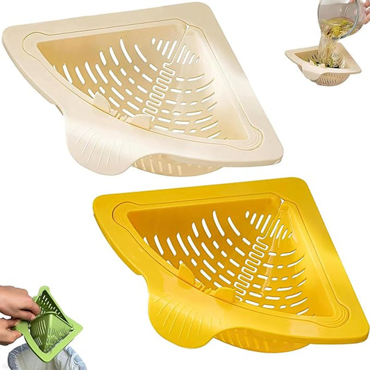 Magnetic Drainage & Filter Basket 2.0 Design, Corner Sink Strainer with Twist-Open Bottom, Triangular Drain Basket for Food Scraps & Rinsing Produce, Fits Metal Sinks (White+Orange)