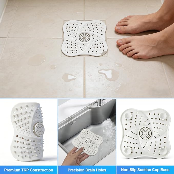 4 Pack Shower Drain Hair Catcher, Premium Silicone Shower Hair Catcher with Suction Cup for Regular Drains of Shower Kitchen Bathtub Bathroom (Black/White/Gray/Blue)