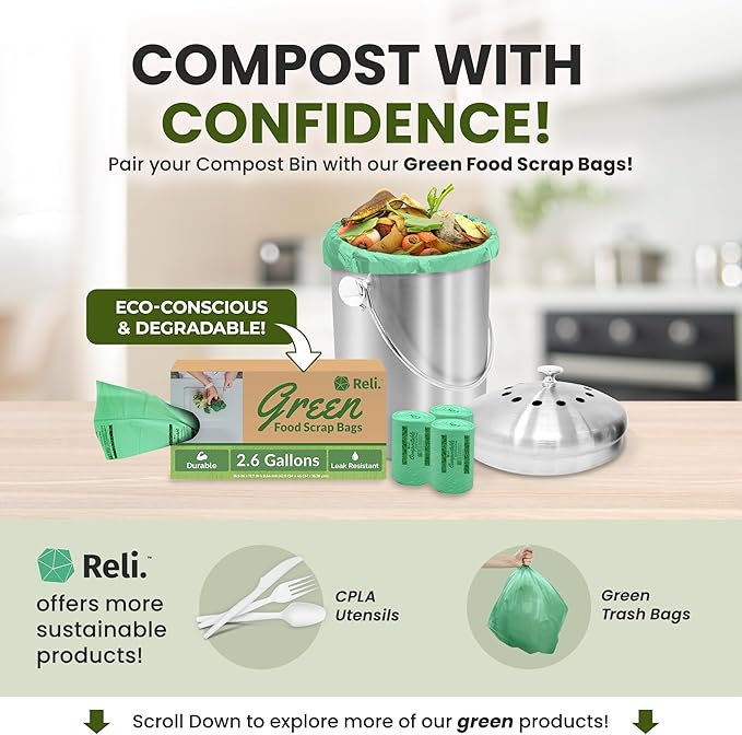 Reli. Countertop Compost Bin with Lid (1.3 Gallon) | Compost Bin Kitchen | 2 Charcoal Filters | Countertop Composting Bucket, Stainless Steel | Food Waste, Composting | Ergonomic Handle, Odorless