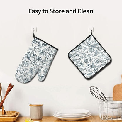 Blue Floral Oven Mitts Set – Vintage Pot Holders Kitchen Gloves for Women Teal Plant Kitchen Mitts Potholders Set of 2 for Cooking & Baking
