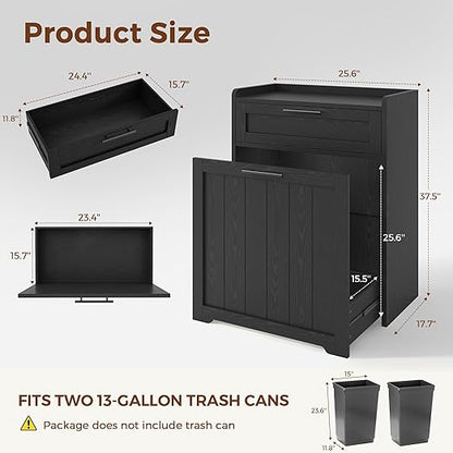 Jocoevol Pull Out Trash Can Cabinet, 2x13 Gallon Hidden Garbage Recycling Bin with Drawer, Freestanding Wooden Kitchen Trash can & Laundry Hamper Cabinet, Pet Proof Waste Bin for Living Room, Black