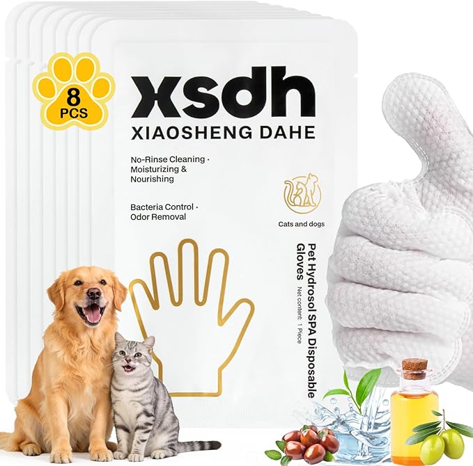 RAINFLOW 8PCS Pet Glove Wipes for Dogs Individual Pet Cleaning Gloves,Gentle Hydrating & Nourish Fur,Grooming Gloves for Dog & Cat Fur Horse Coat Care，Pet Bathing Wipes for Daily Care,Travel
