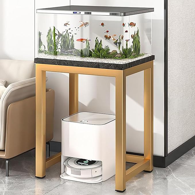 Storage Rack Above The Sweeping Robot,Robot Vacuum Stand Cabinet,Entryway Hallway Double-Tier Robot Vacuum Cleaner Shelf,Steel Frame with Wooden Top,Small End Tables for Bathroom(Black/Gold,40x35/15.7