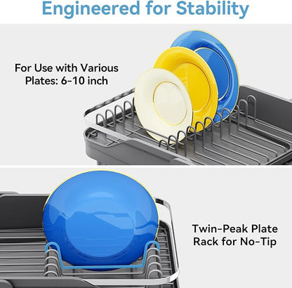 Urackify Expandable Dish Rack for Kitchen Counter, 16.14"-23.62" Large Stainless Steel Dish Drying Rack with Adjustable Water Spout, Space Saving Dish Drainer with Auto Draining Cutlery Holder,Grey