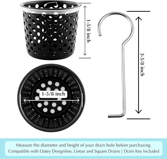 Shower Drain Strainer for Oatey Designline Shower Drain, Linear and Square with Shower Drain Key for Drain Grate Removal, Matte Black