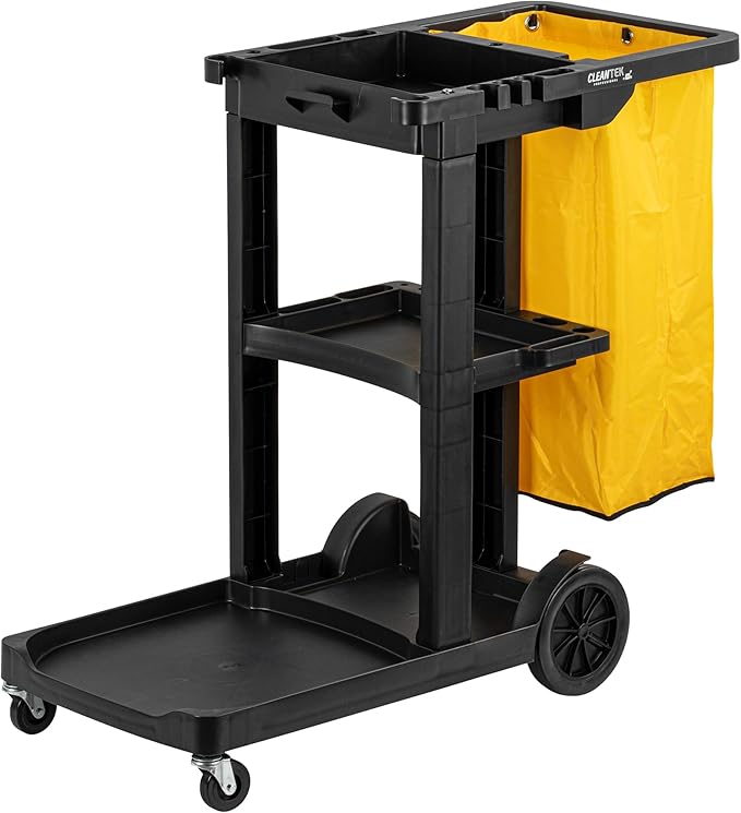 Restaurantware-Clean Tek Professional Janitor Cart with Wheels, 1 Cleaning Trolley with 18 Gallon Bag - 3 Shelves, Heavy-Duty, Black Plastic Commercial Janitorial Cart, for Restaurants