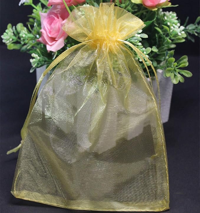 100pcs 5x7 inch Gifts Wrap Bags Gold, Organza Sheer Fabric Bulk, Drawstring Reusable Recycled Pouch for Baby Shower Favor, Craft Business, Beach, Standard Size Elegant Business Card, Cute Little Toy