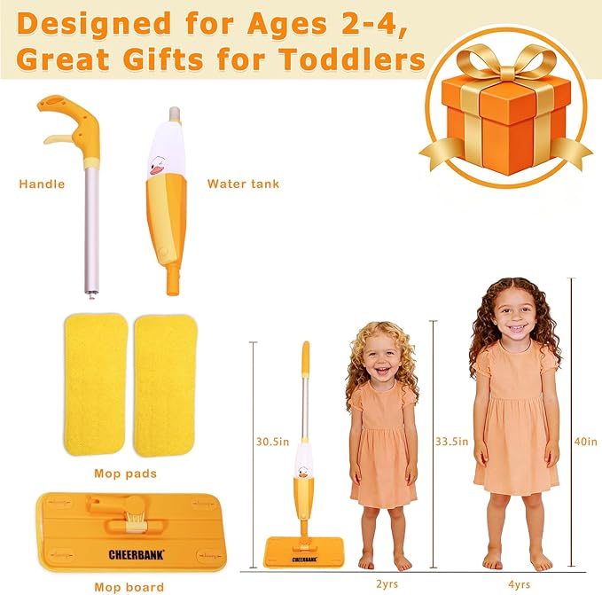 Toddlers Spray Mop (Real Works), No Batteries, Endless Fun| Kids Cleaning Set, Mini Mop for Age 2-5 Year| Montessori Toy Gifts for Baby Boys Girls, Fine Motor Skill (2 Washable Pads)