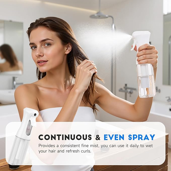 3 Pack Spray Bottle for Hair - Continuous Hair Spray Bottles Refillable Mister Sprayer for Hairstyling, Plants, Pets, Skincare, Cleaning (6.8 OZ/200ML, Black+White+White)