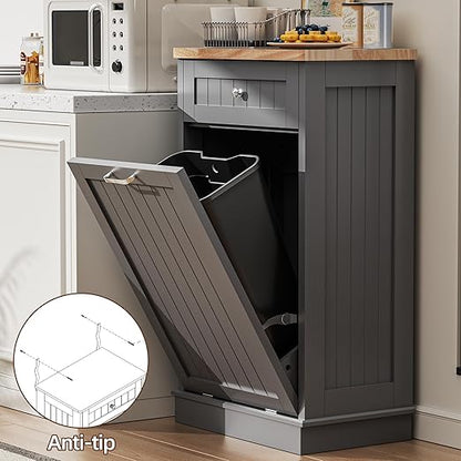 AHB 13 Gallons Tilt Out Trash Cabinet, Hidden Trash Can Kitchen Cabinet Wooden Tilt Out Pet Proof Hidden Trash Bin for Kitchen Living Room, Grey
