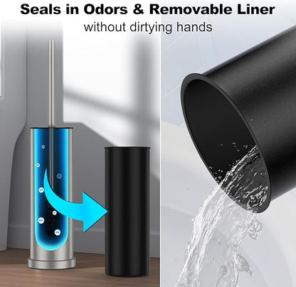 Stain Nickel Toilet Brush and Holder Set，Stainless Steel Heavy Duty Toilet Bowl Brush，Extra Long Handled Modern Toilet Cleaner Brush with Replaceable Head, Removable Inner Bowl, and Splash Protection