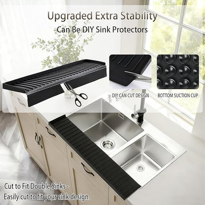 Silicone Sink Edge Protector with Suction Cup 4" x 20",Kitchen Sink Splash Guard for Kitchen, Bathroom Sink, Steel, Granite, Quartz Countertops,Multifuctional Sink Accessories (Black)