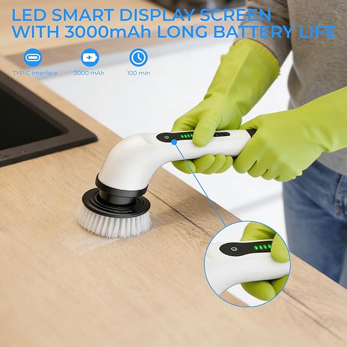 Electric Spin Scrubber with Long Handle，Cordless Bathroom & Kitchen Cleaner with 6 Replaceable Brush Heads，3 Adjustable Speeds for Tile Floor Tub Shower