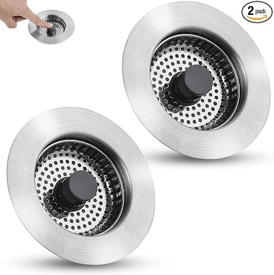 Hygie Rinse All Metal Sink Drain Strainer for Kitchen Sink 2PACK Pop Up 3-in-1 Sink Stopper Drainer with Additional 2pcs Strainers for US Standard 3-1/2 inch Drain Filter, Anti-clog