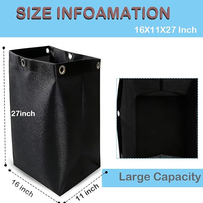 High Capacity Replacement Janitorial Cart Bag, Waterproof, Thickened Housekeeping Cart Cleaning Bag, 16 x 11 x 27 Inches