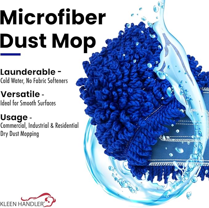 KLEEN HANDLER 48 Inch Microfiber Dust Mop Bulk Pack of 12, X-Large Washable Commercial Dust Mop, Sweeper, Janitorial Mop Head Replacement, Push Mop Broom, Blue
