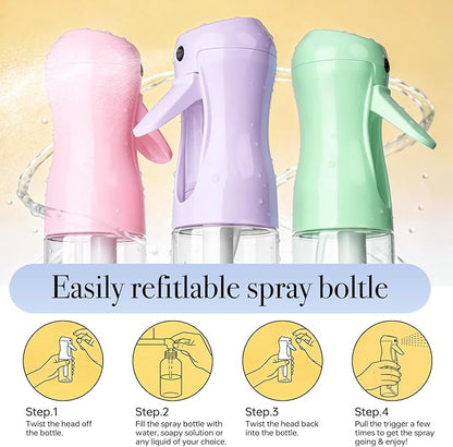3Pcs Continuous Spray Bottles For Hair,Ultra Fine Mister for Hair Styling, Plants, Cleaning, Salon, Misting & Skin Care (200ML Green+Pink+Purple)