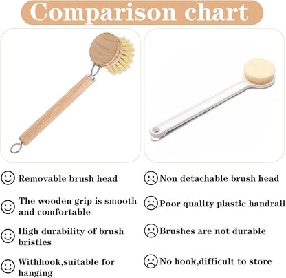 Kifmurase Bamboo Dish Brush with Handle, 10 Pcs Replacement Heads Wooden Kitchen Brush for Dishes, Vegetable Brushes Dish Scrubber for Cleaning Kitchen Room Vegetable Pots and Pans