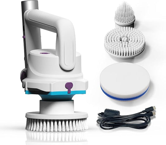 KOKIDO Rechargeable 3-in-1 Pool Brush Head Scrubber - Electric Scrub Brush for Walls, Waterlines, Floors - 3 Brush Heads, 40-Min Runtime, 180° Pivotable Handle, for Inground Aboveground Pools and Spas