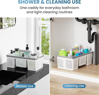 BYUNER Plastic Shower Caddy Dorm: Portable Shower Basket Tote with Handle, 4 Compartments, All-Side Drainage, Hard Bathroom & Cleaning Caddy Organizer for college Dorm Room Essentials, White/Silver