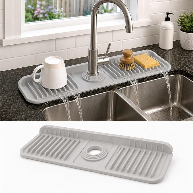 17" Silicone Faucet Handle Drip Catcher Tray,7° Sloped Self Draining Mat with Snap-on Design & Soap Holder, Sink Splash Guard for Kitchen & Bathroom, Trim-to-Fit Opening