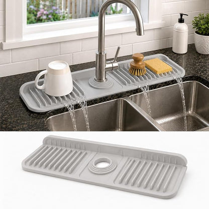 17" Silicone Faucet Handle Drip Catcher Tray,7° Sloped Self Draining Mat with Snap-on Design & Soap Holder, Sink Splash Guard for Kitchen & Bathroom, Trim-to-Fit Opening