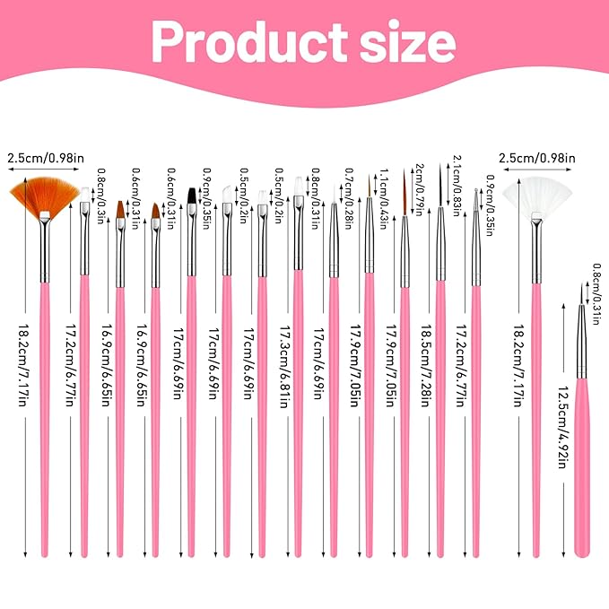 MUIIGOOD 15pcs Pink Nail Art Brushes Set Nail Pen Designer Acrylic Nail Art Gel Painting Brushes Tool Dust Brush,Striping Brushes Dotting Tools for Long Lines Fan Brush Gel Polish Nail Art Supplies