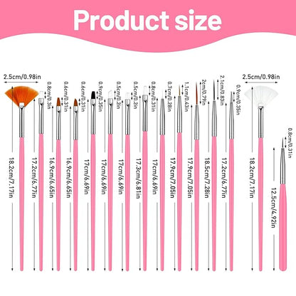MUIIGOOD 15pcs Pink Nail Art Brushes Set Nail Pen Designer Acrylic Nail Art Gel Painting Brushes Tool Dust Brush,Striping Brushes Dotting Tools for Long Lines Fan Brush Gel Polish Nail Art Supplies
