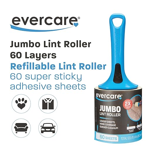 Evercare Jumbo Lint Roller, 60‑Sheet Extra‑Large Adhesive Roller with Blue Handle for Pet Hair & Lint