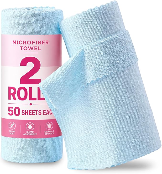 Jessy Home 2 Roll Reusable Paper Towels,100 Sheets Tear Away Microfiber Cleaning Cloth, Lint Free Cleaning Rags for Kitchen, Dishcloth,Household Cleaning Supplies