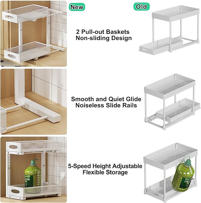 2 Pack Under Sink Pull Out Organizer, 2-Tier Adjustable Height Carbon Steel Storage Rack for Kitchen and Bathroom Cabinet, White