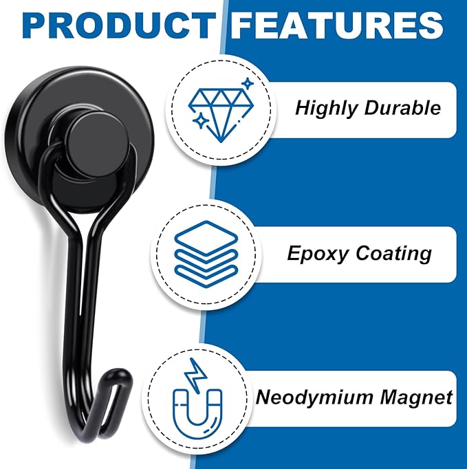 E BAVITE Swivel Swing Magnetic Hooks 40LB Black Refrigerator Magnet Hook 8pack Strong Neodymium Magnets for Refrigerator Surfaces 2.44In